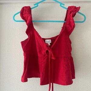 LA Hearts Red Linen Keyhole Babydoll Top